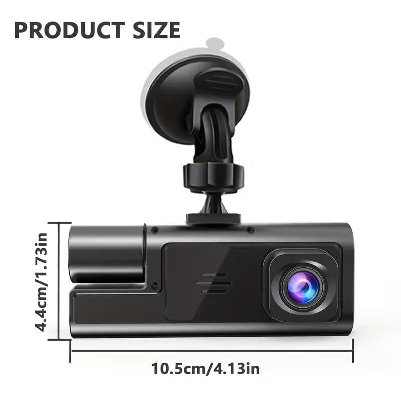 3-channel car dash cam designed to record from the front, interior, and rear of a vehicle.