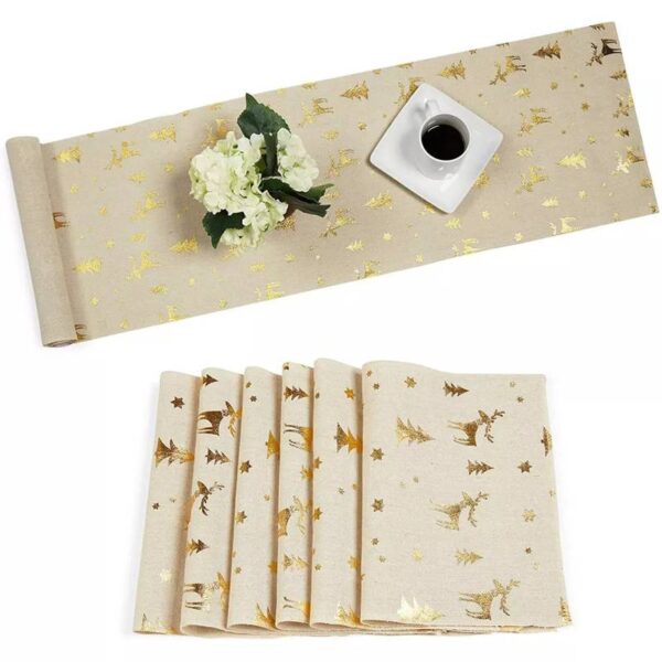 Lot # 2302: (3) Pack of 6 Juvale Placemats with Table Runner, Christmas Gold Foil